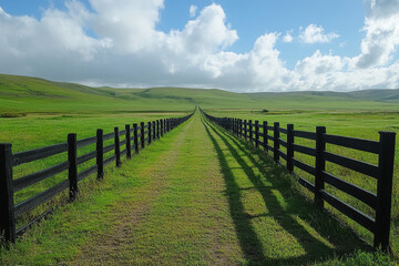 Fototapeta premium Green field behind a fence.