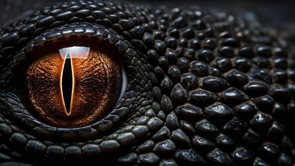 Close-up of a reptile's eye, showcasing intricate scales and amber iris.