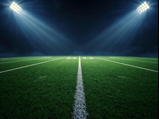 Obraz premium American football field at night from 50-yard line with intense floodlights and dramatic shadows.