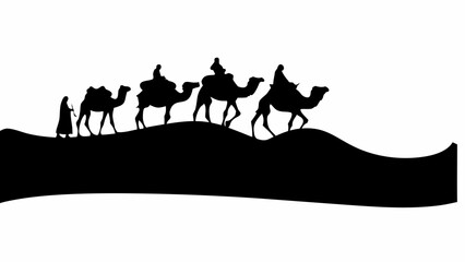 Silhouette of three wise men riding camels across desert dunes in a black and white vector illustration