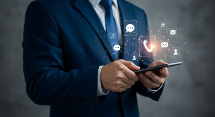 Businessman using smartphone with communication icons and digital interface