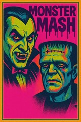 Neon Dracula and Frankenstein monster mash design with copy space. Use for Halloween posters, party promotions, event flyers and themed merchandise
