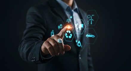 Businessman's Hand Touching Digital Icons for Sustainable Energy and Environmental Protection