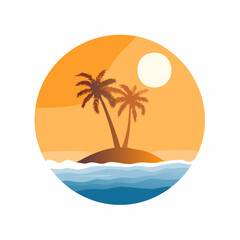 Obraz premium silhouette palm tree on an island, against gradient sky with sun