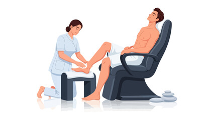 Obraz premium Professional beautician meticulously caring for a male client s foot with a pedicure in a modern spa setting with white background
