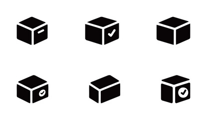 Solid black isometric vector icons of cardboard boxes with check marks, representing shipping, delivery, and completed tasks.