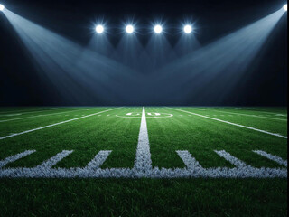 American football field at night from 50-yard line with intense floodlights and dramatic shadows.