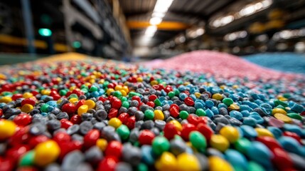 Obraz premium Colorful recycled plastic pellets in modern manufacturing facility