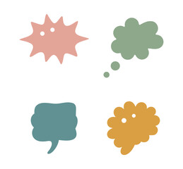 Four abstract speech bubbles and thought bubbles in muted colors