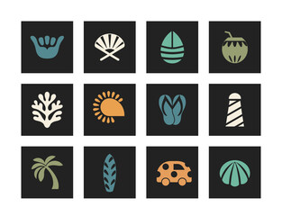 Collection of tropical and beach themed icons on black background