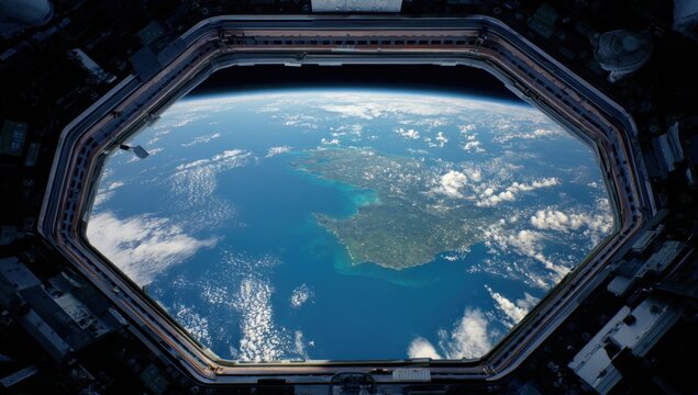 Fototapeta Earth seen from space through a space station window