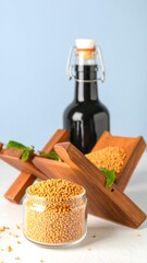 Golden seeds and dark bottle