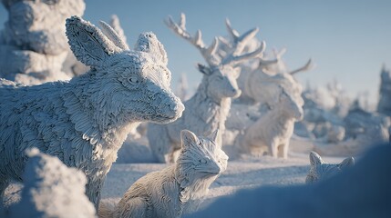 Fototapeta premium A close-up of a snowy rabbit hopping through a field, its small body blending with the snow as it searches for food in the winter landscape