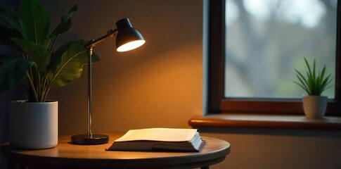 Elegant modern table lamp illuminates a cozy reading nook, casting warm light on a side table with a book Perfect for interior design and home decor projects , warm light, reading nook
