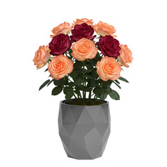 Artificial Rose Bouquet in Gray Pot: Peach, Burgundy Roses, Home Decor, Floral Arrangement, Tabletop Decoration