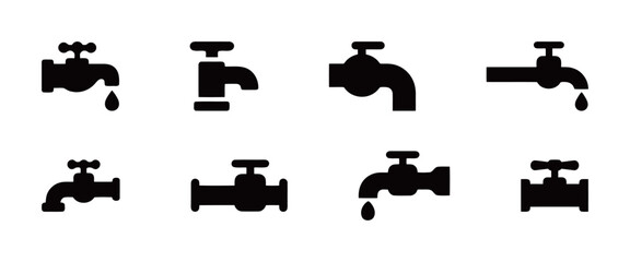 A set of black solid vector icons showing different water taps with water drops, suitable for plumbing and home appliance concepts.
