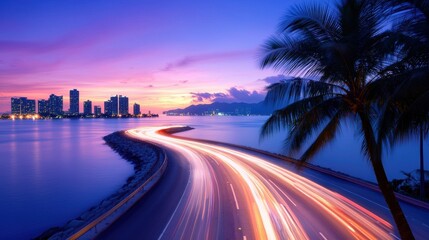 Speed Light trails of fast moving traffic on a highway at night.