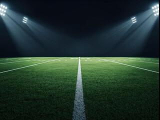 American football field at night from 50-yard line with intense floodlights and dramatic shadows.