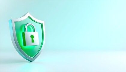 3D rendering of a teal shield with a glowing green padlock, symbolizing security and protection.