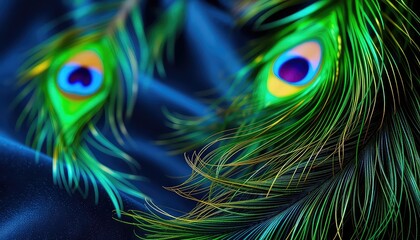 Obraz premium Dramatic macro shot featuring vibrant peacock feathers with brilliant iridescent colors against a luxurious deep indigo fabric backdrop