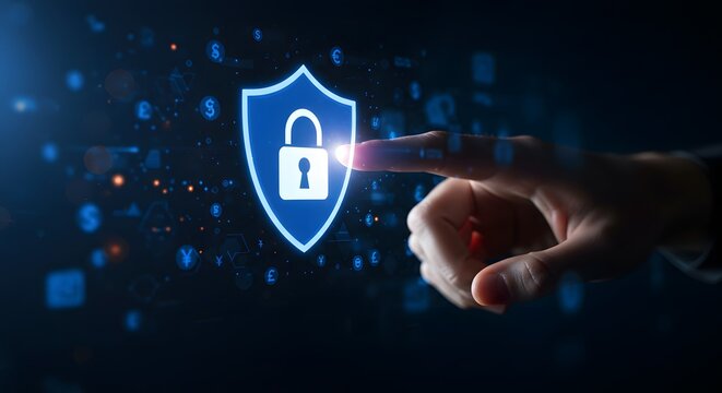 Digital Security Shield with Lock Icon and Financial Symbols