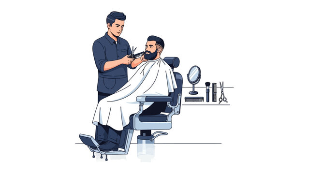 Skilled barber carefully trimming a client s beard with electric clippers in a modern barbershop setting with tools on display