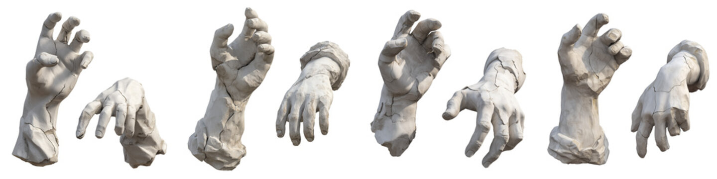 Broken marble hands in the style of ancient Roman or Greek sculpture, weathered and cracked with parts missing, like from a damaged statue isolated on transparent background PNG file