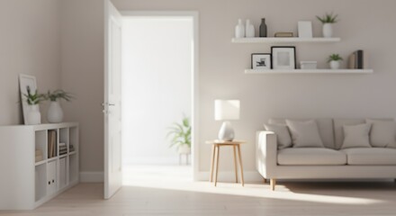 Modern Living Room Interior with Open Door and Natural Light