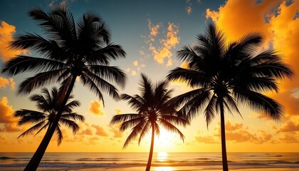 Obraz premium Palm tree silhouettes against a bright and colorful sunset sky over the ocean, creating a peaceful and serene coastal scene