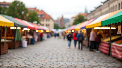 Blurry perspective of a vibrant outdoor market with colorful stalls and cobblestone street filled with people browsing goods on a cloudy day