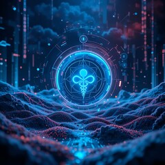 Obraz premium Futuristic Medical Symbol Hologram Over a Digital Terrain