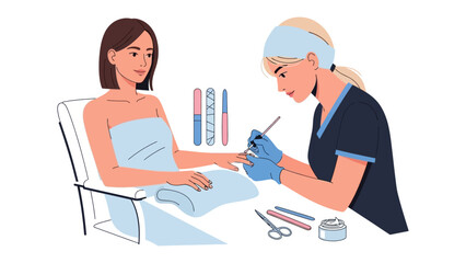 Young woman receiving a professional manicure treatment from a skilled nail technician in a bright and clean salon environment