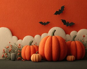 Halloween banner with pumpkins and flying bats