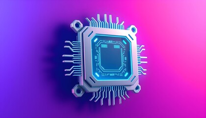 A detailed close-up of a computer chip with a blue glow, set against a vibrant purple and pink gradient background.