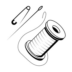 Abstract Doodle Elements Hand Drawn Outline Needle With Spool Of Thread Sketch Vector Design Style Isolated On White Background Illustration For Knitting, Embroidery, Sewing 