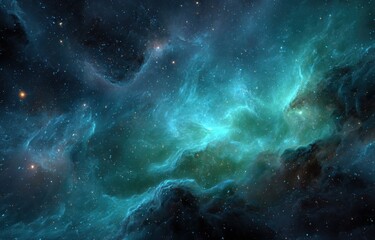 Fototapeta premium Deep space nebula, vibrant turquoise and teal swirling clouds of gas and dust, scattered stars