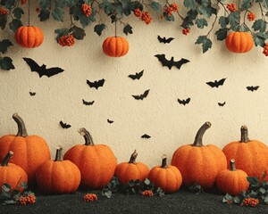 Halloween banner with pumpkins and flying bats