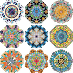 Set of colorful cute Mandalas. Decorative unusual round ornaments.