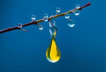 A large, glistening yellow droplet hangs precariously from a thin branch adorned with smaller water droplets against a deep blue background.