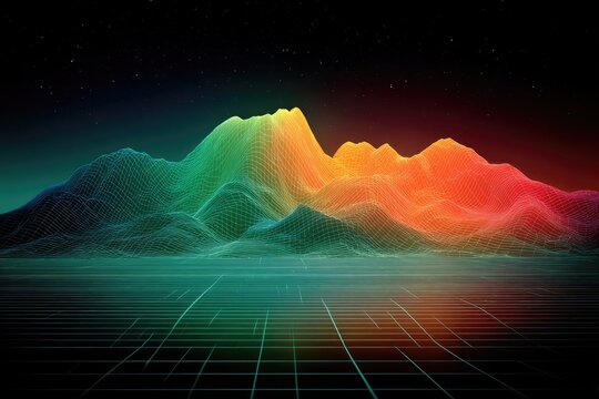 Colorful wireframe mountains on a gridded plane, night sky