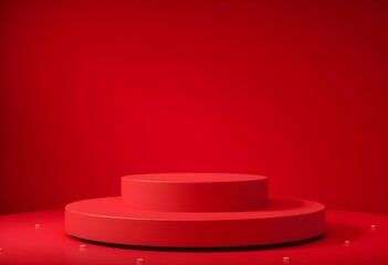 A minimalist red two-tiered cylindrical podium for product display on a matching red background.