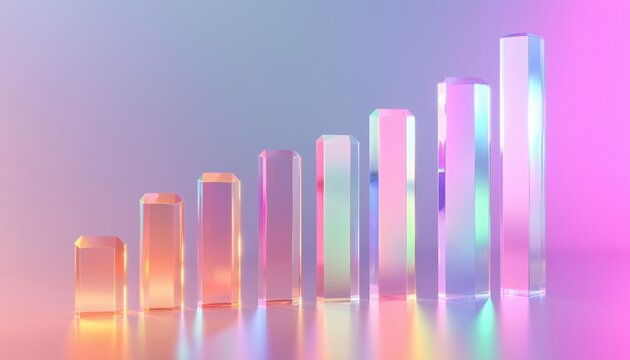 Glass Holographic Bar Chart With Rainbow Crystal Data Analysis Columns Gradient Up For Financial Growth Statistic In Business Presentation And Web.