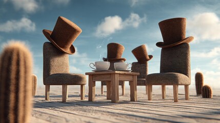 Desert tea party with chairs and hats