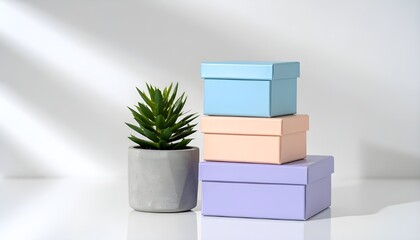 Stack of Colorful Decorative Boxes and an Indoor Plant on a White Surface