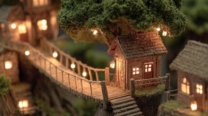 Miniature fairy-tale village, treehouses, warm glow