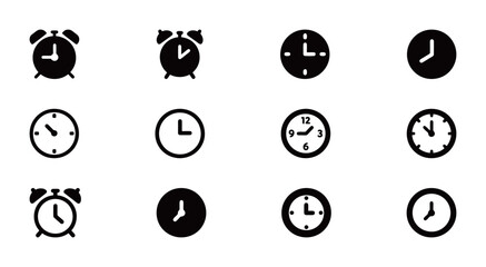 A group of various black and white clock icons, including analog clocks and alarm clocks, on a clean white background.