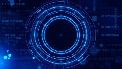 Abstract digital graphic design with concentric circles and binary code.