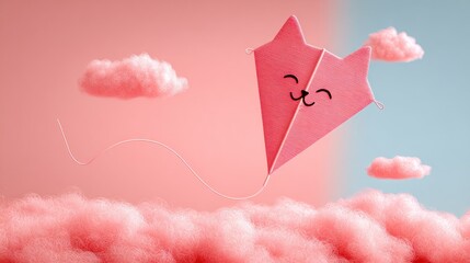 Pink kite with cat face, floating above fluffy clouds