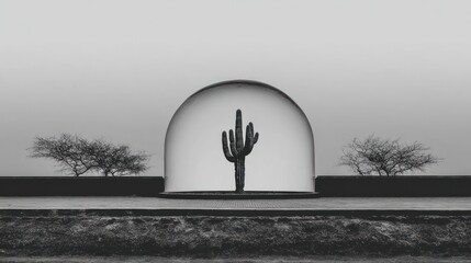 A grayscale desert scene. A saguaro cactus protected in a glass dome