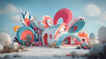 Whimsical, colorful house with floral design